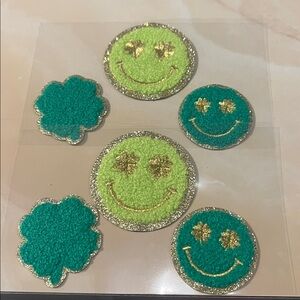 NWT 6pc St Patrick’s Day  green clover happy face 3D ironless patches